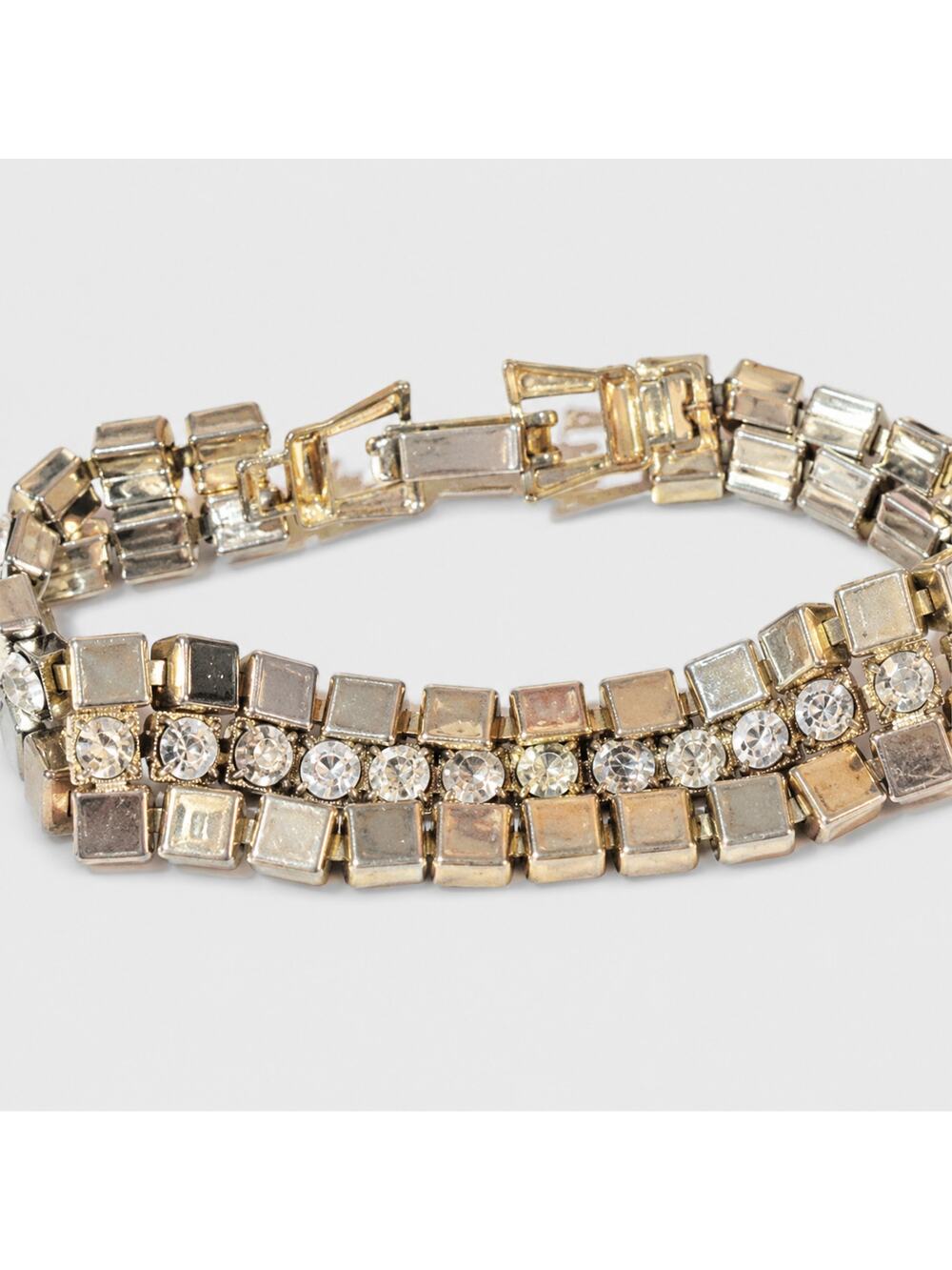 Vintage Rhinestone Bracelet Double‎ Row Gold-tone Links 7" x .5" gbr-76